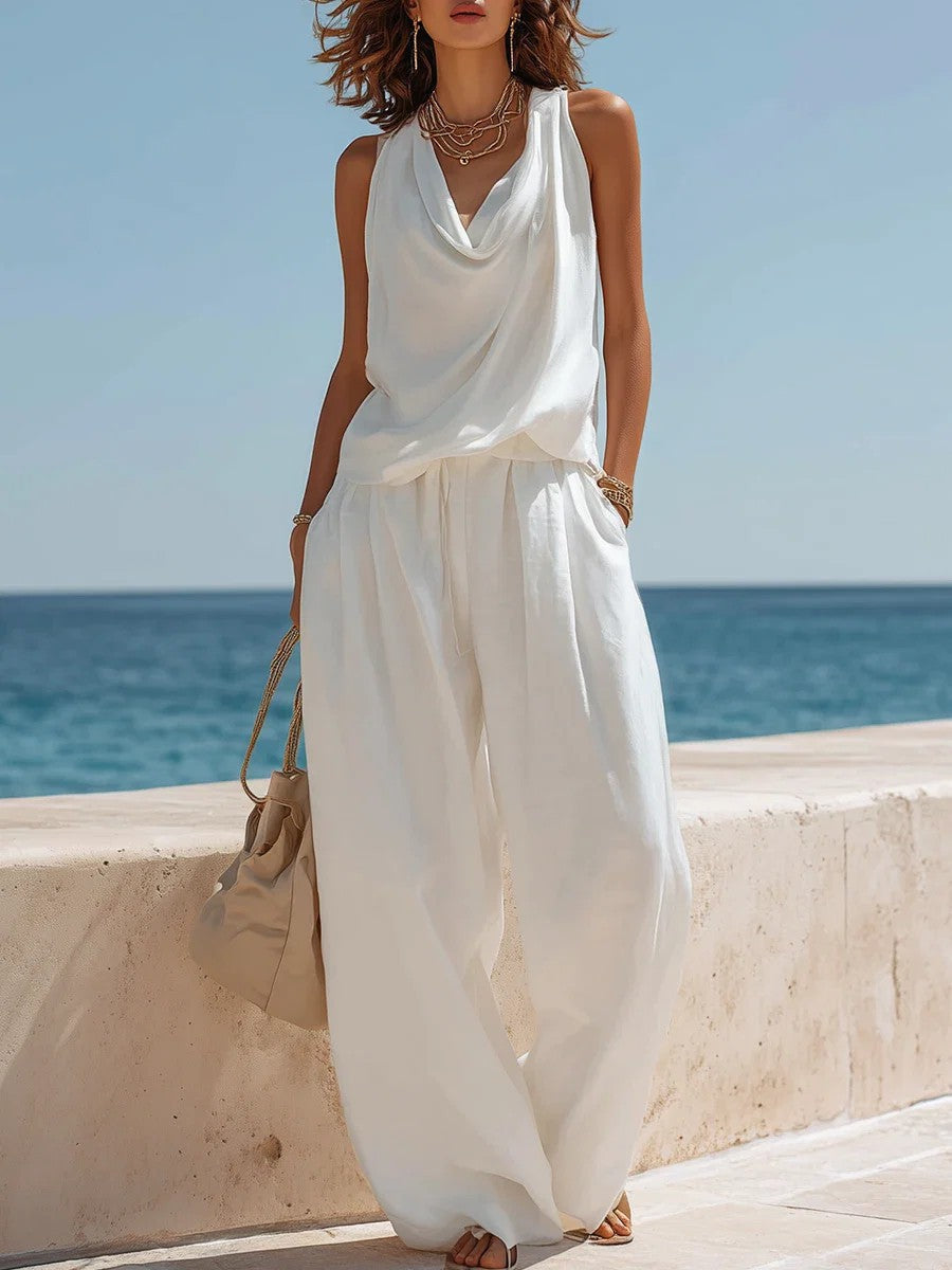 Women's Sleeveless Boat Neck Top & Wide-Leg Pants Two-Piece Set