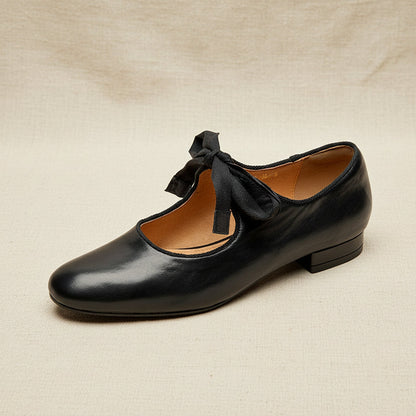 Women's French Vintage Genuine Leather Round Toe Chunky Heel Shoes