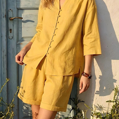 Women's V-Neck Top & High-Waist Wide-Leg Shorts Two-Piece Set