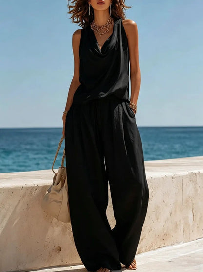 Women's Sleeveless Boat Neck Top & Wide-Leg Pants Two-Piece Set