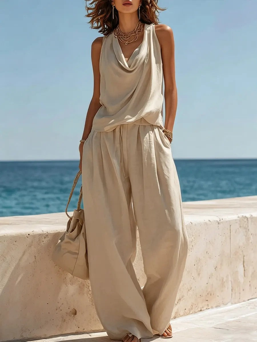 Women's Sleeveless Boat Neck Top & Wide-Leg Pants Two-Piece Set