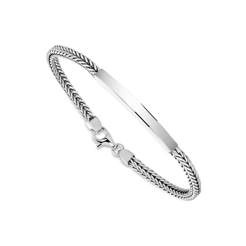 Sterling Silver 925 Men's ID Bracelet - Square Foxtail Chain with Square Engravable Plate
