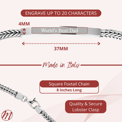 Sterling Silver 925 Men's ID Bracelet - Square Foxtail Chain with Square Engravable Plate