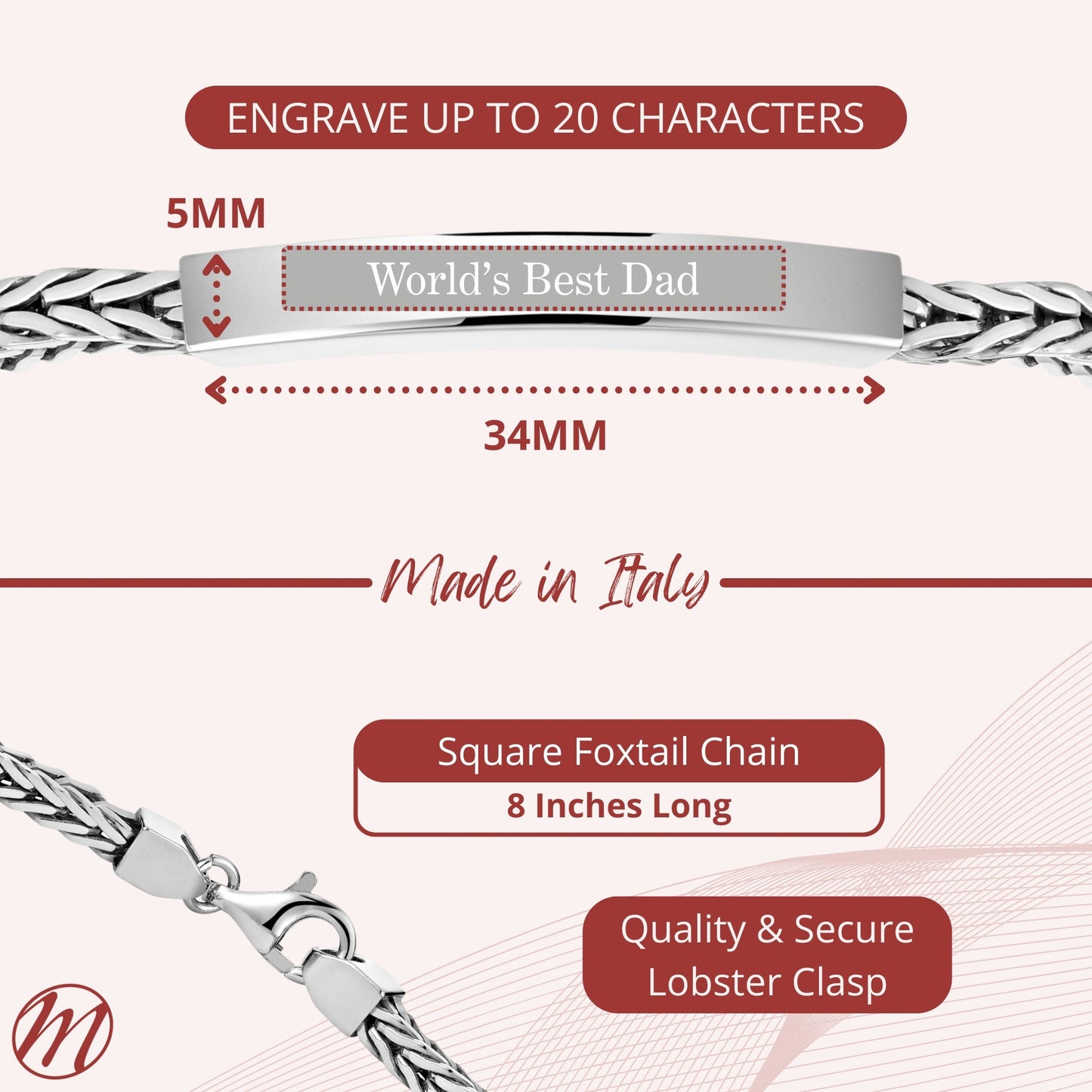 Sterling Silver 925 Men's ID Bracelet - Square Foxtail Chain with Square Engravable Plate