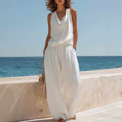 Women's Sleeveless Boat Neck Top & Wide-Leg Pants Two-Piece Set