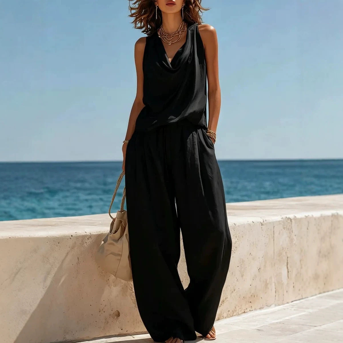 Women's Sleeveless Boat Neck Top & Wide-Leg Pants Two-Piece Set