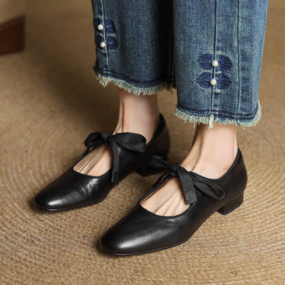 Women's French Vintage Genuine Leather Round Toe Chunky Heel Shoes