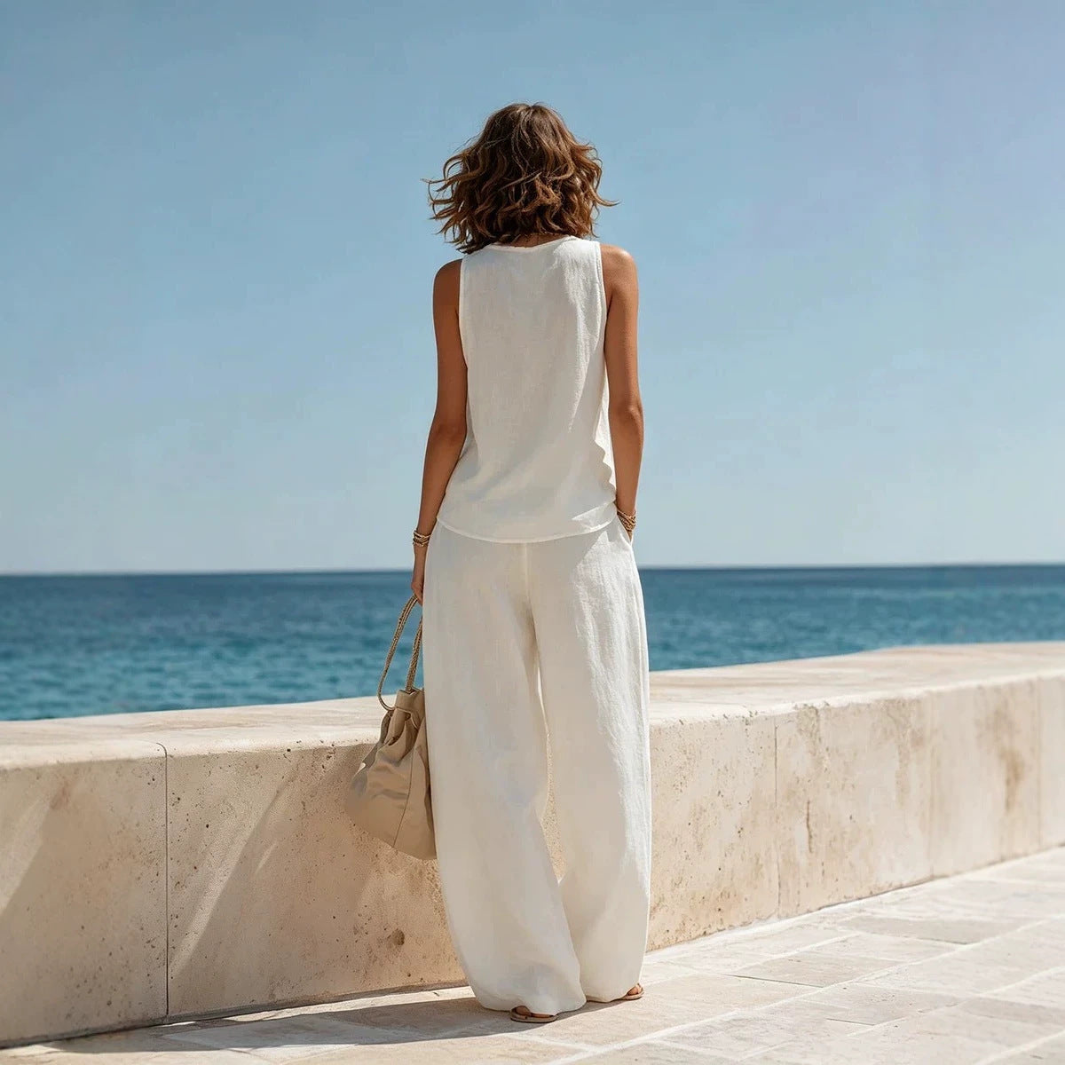Women's Sleeveless Boat Neck Top & Wide-Leg Pants Two-Piece Set