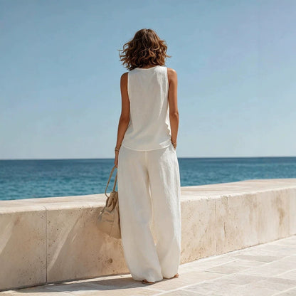 Women's Sleeveless Boat Neck Top & Wide-Leg Pants Two-Piece Set